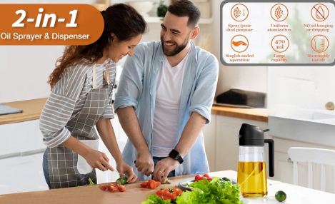 Dual function oil dispenser and sprayer with glass body for kitchen use