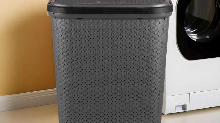 Good quality plastic laundry basket for home with 55L capacity, ventilated sides, and secure snap lid.