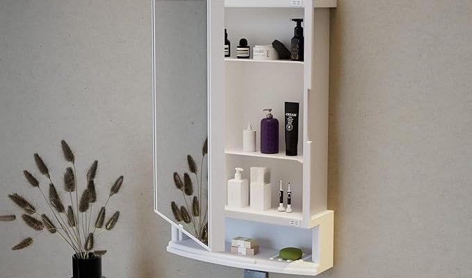 Modern bathroom storage box with premium mirror, large storage capacity, durable PPCP plastic, perfect for new home bathrooms, available on Amazon, Flipkart, and Meesho.